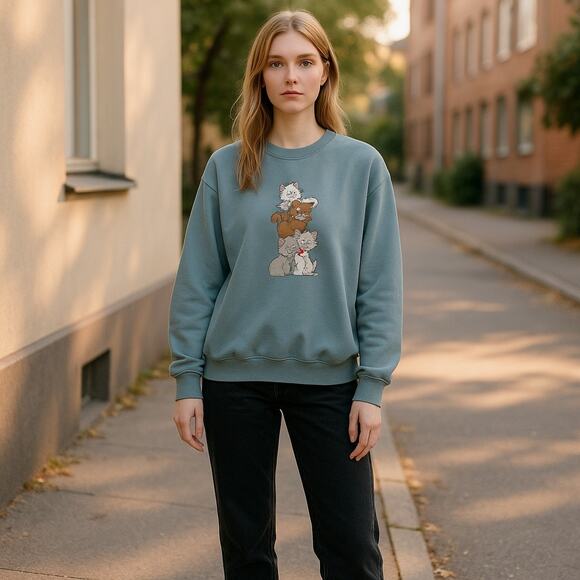 Green & White Crewneck Sweatshirt with Ribbed Trim Cat Appliqué Granny Womens L - Picture 2 of 7